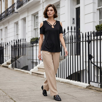 Women's Cold Shoulder V-Neck Top with Ring Detail