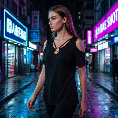 Women's Cold Shoulder V-Neck Top with Ring Detail