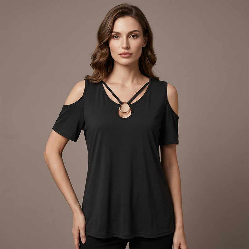 Women's Cold Shoulder V-Neck Top with Ring Detail
