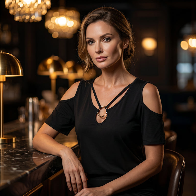 Women's Cold Shoulder V-Neck Top with Ring Detail