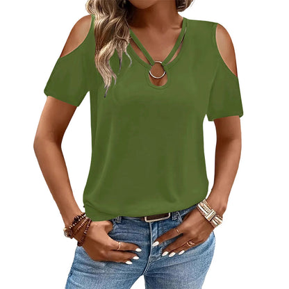 Women's Cold Shoulder V-Neck Top with Ring Detail