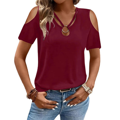 Women's Cold Shoulder V-Neck Top with Ring Detail