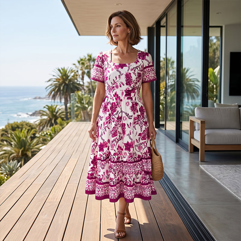 Women's Floral Print Square Neck Midi Dress