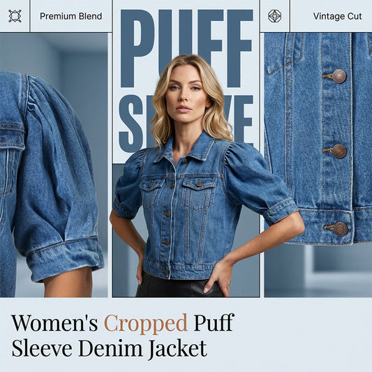 🧥 50% OFF NOW!🎀 Women's Puff Short Sleeve Cropped Denim Jacket