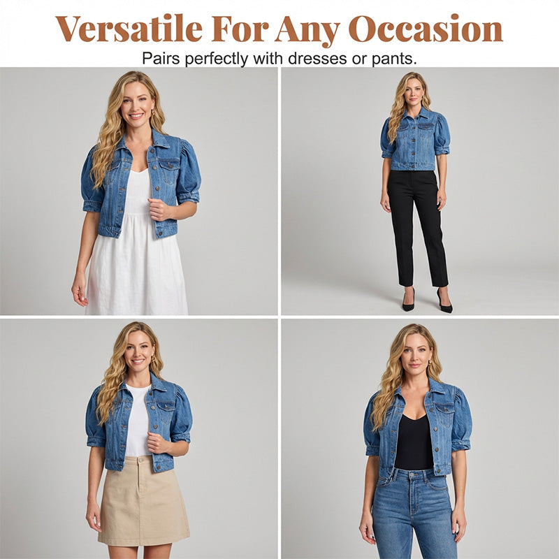 🧥 50% OFF NOW!🎀 Women's Puff Short Sleeve Cropped Denim Jacket