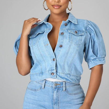 🧥 50% OFF NOW!🎀 Women's Puff Short Sleeve Cropped Denim Jacket