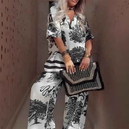 ⏳Limited-time 50% off⏰Women's Casual Printed V-Neck Top & Trousers Set👚👖