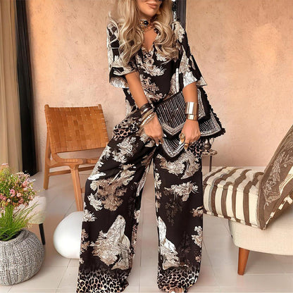 ⏳Limited-time 50% off⏰Women's Casual Printed V-Neck Top & Trousers Set👚👖