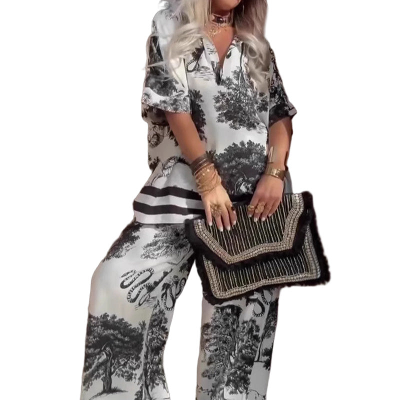 ⏳Limited-time 50% off⏰Women's Casual Printed V-Neck Top & Trousers Set👚👖