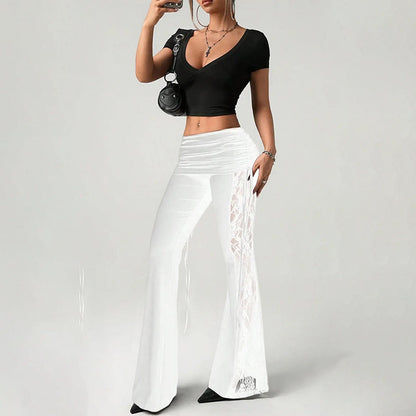 Women's Ruched Lace Panel Flare Pants