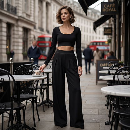 ✨Women's Casual Crop Top & Wide Leg Pants Set