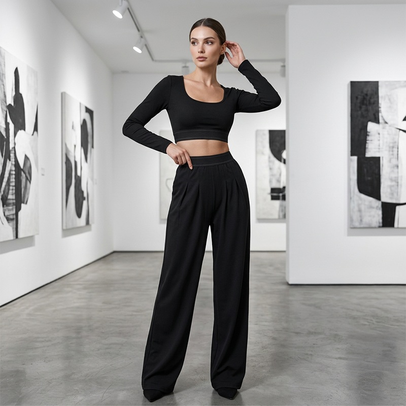 ✨Women's Casual Crop Top & Wide Leg Pants Set