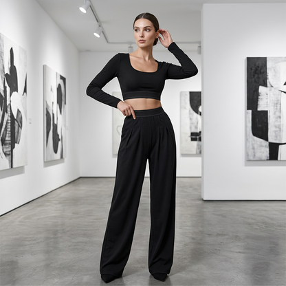 ✨Women's Casual Crop Top & Wide Leg Pants Set