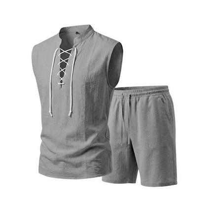 🧵 LIMITED-TIME 50% OFF! ✨ Men's Linen Sleeveless Set – Top & Shorts, Lace-Up, 7 Colors ☀️