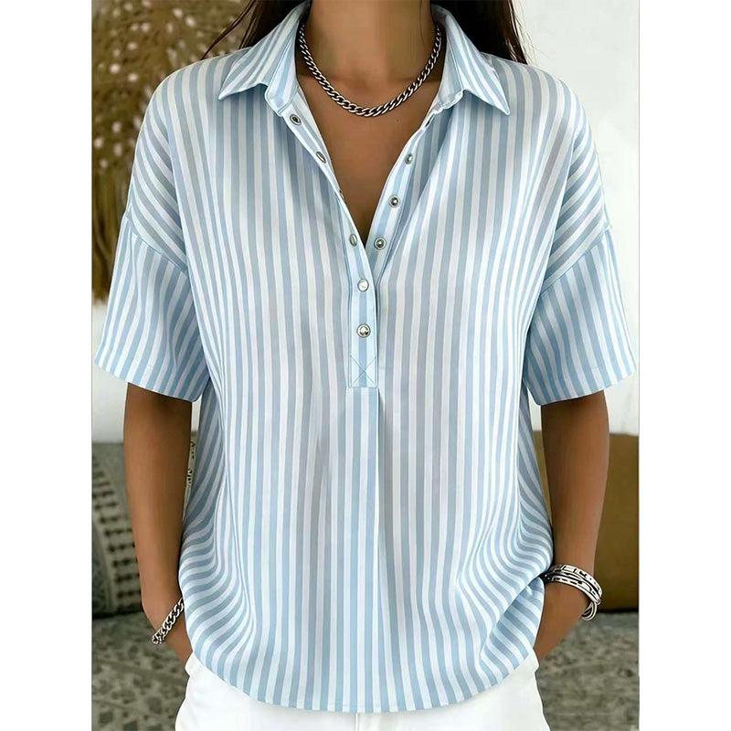 👕 LIMITED-TIME 50% OFF! ✨ Women's Striped Short-Sleeve Shirt – Relaxed Fit, V Neck, 9 Colors 🍂