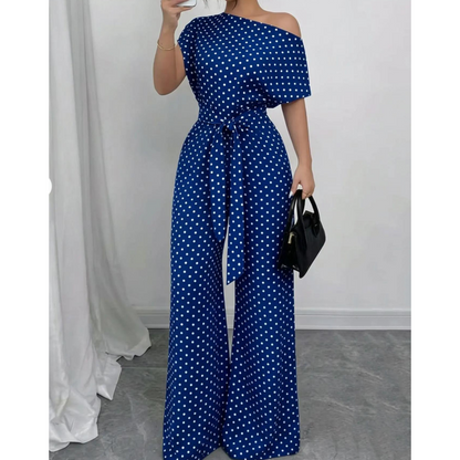 👖 LIMITED-TIME 50% OFF! ✨ Elegant Asymmetrical Polka Dot Jumpsuit – Wide Leg, Waist Tie, 3 Colors 🍷