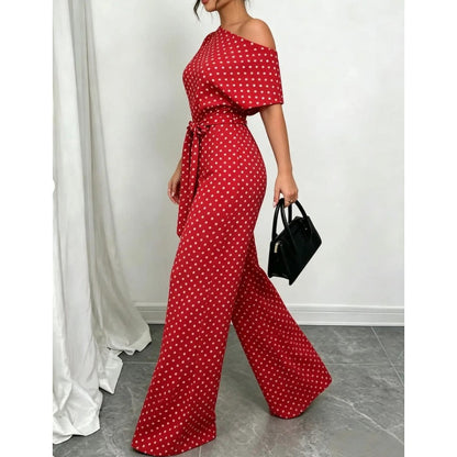 👖 LIMITED-TIME 50% OFF! ✨ Elegant Asymmetrical Polka Dot Jumpsuit – Wide Leg, Waist Tie, 3 Colors 🍷