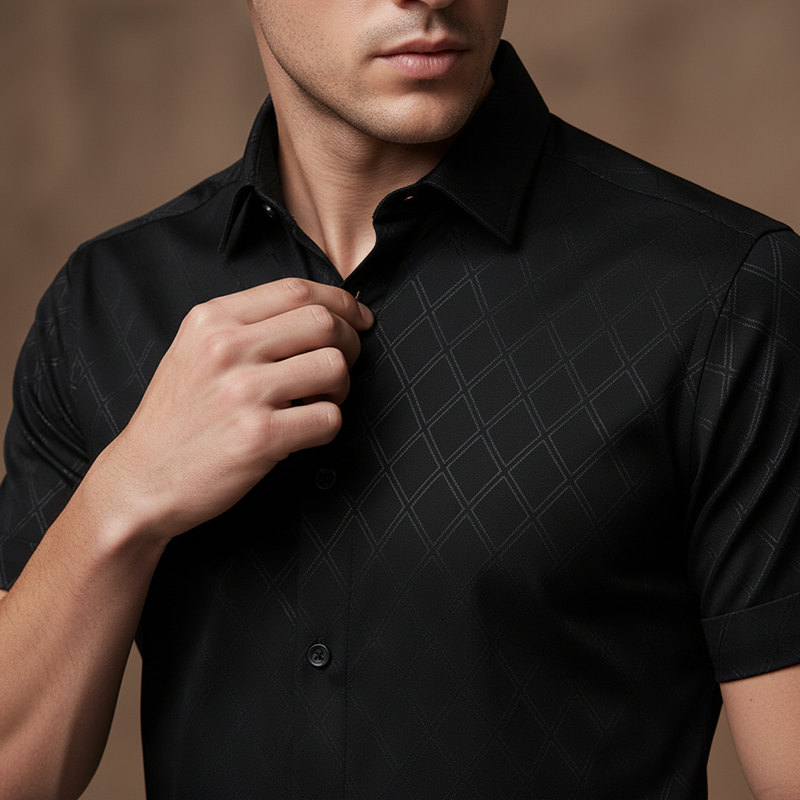 🖤 Men's Textured Black Shirt – Diamond Jacquard & Athletic Fit – Stylish Essential 🔥