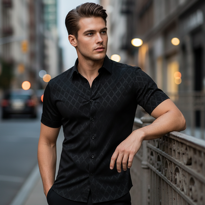 🖤 Men's Textured Black Shirt – Diamond Jacquard & Athletic Fit – Stylish Essential 🔥