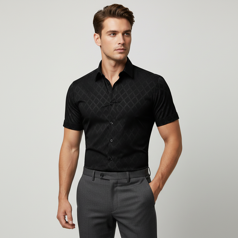 🖤 Men's Textured Black Shirt – Diamond Jacquard & Athletic Fit – Stylish Essential 🔥