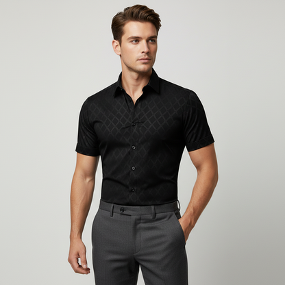 🖤 Men's Textured Black Shirt – Diamond Jacquard & Athletic Fit – Stylish Essential 🔥