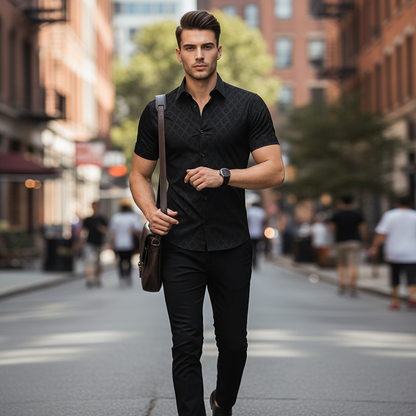 🖤 Men's Textured Black Shirt – Diamond Jacquard & Athletic Fit – Stylish Essential 🔥