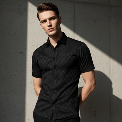 🖤 Men's Textured Black Shirt – Diamond Jacquard & Athletic Fit – Stylish Essential 🔥