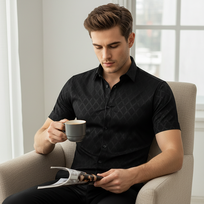 🖤 Men's Textured Black Shirt – Diamond Jacquard & Athletic Fit – Stylish Essential 🔥