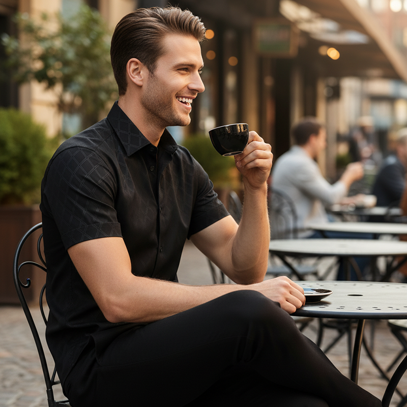 🖤 Men's Textured Black Shirt – Diamond Jacquard & Athletic Fit – Stylish Essential 🔥