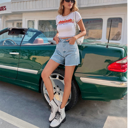 💐 Women’s High-Waisted A-Line Denim Shorts – Relaxed Fit, Mid-Thigh Length with Pockets 👖☀️