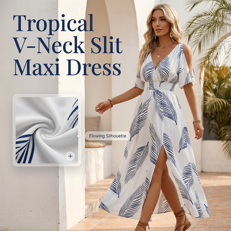 Cold Shoulder Tropical Print Split Maxi Dress