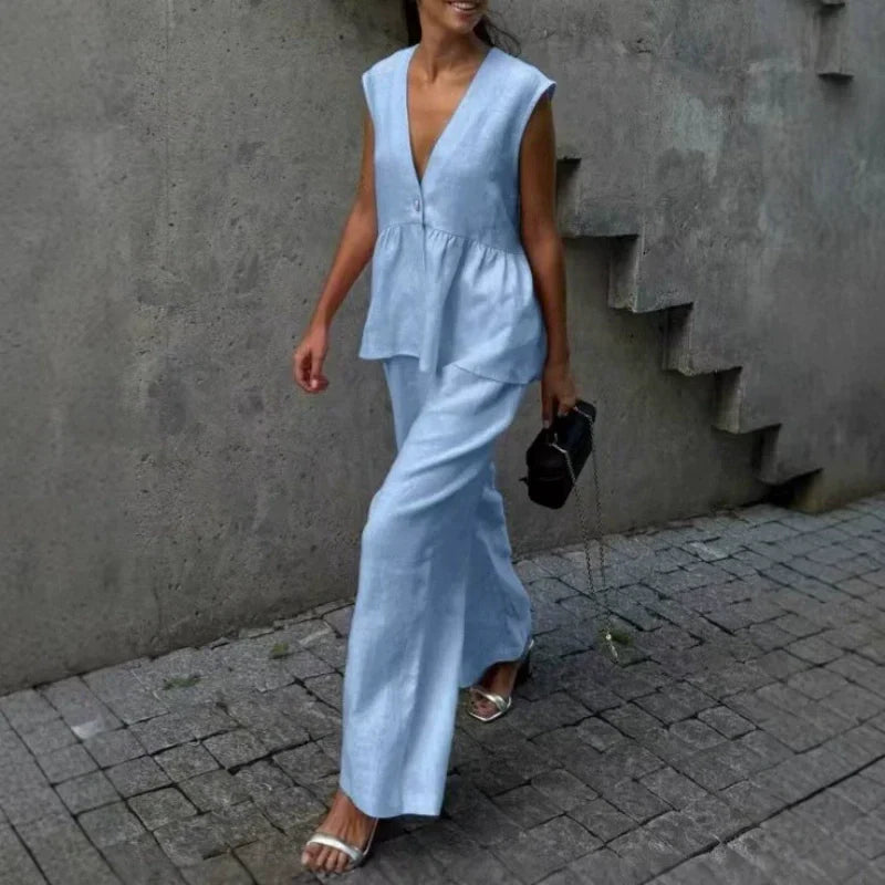 Solid Color V-Neck Sleeveless Top & Wide Leg Pants Two-Piece Set