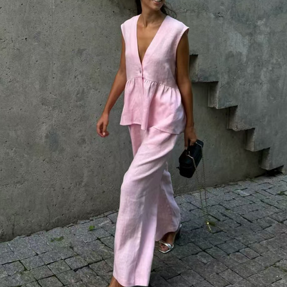 Solid Color V-Neck Sleeveless Top & Wide Leg Pants Two-Piece Set