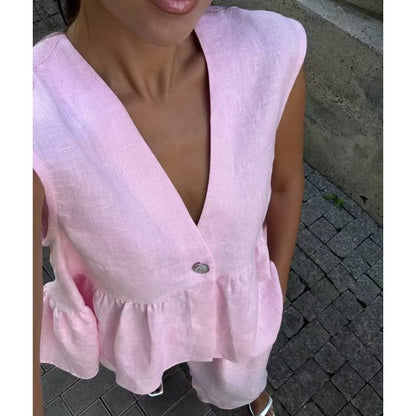 Solid Color V-Neck Sleeveless Top & Wide Leg Pants Two-Piece Set