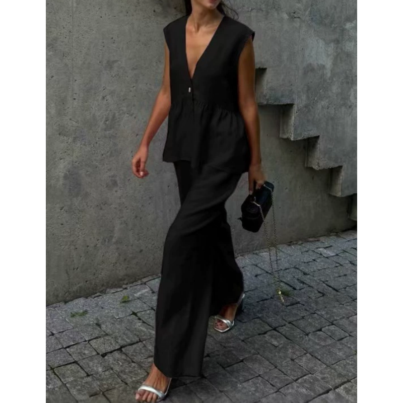 Solid Color V-Neck Sleeveless Top & Wide Leg Pants Two-Piece Set