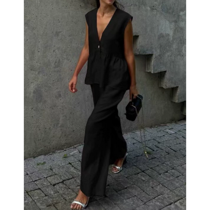 Solid Color V-Neck Sleeveless Top & Wide Leg Pants Two-Piece Set