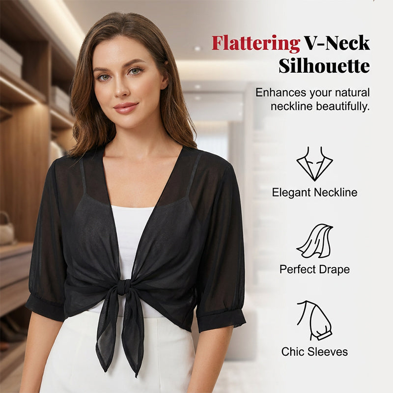 🦋 LIMITED-TIME 50% OFF! ✨ Women's Chiffon Tie-Front Top – Sheer, Cropped, Elegant 🍃