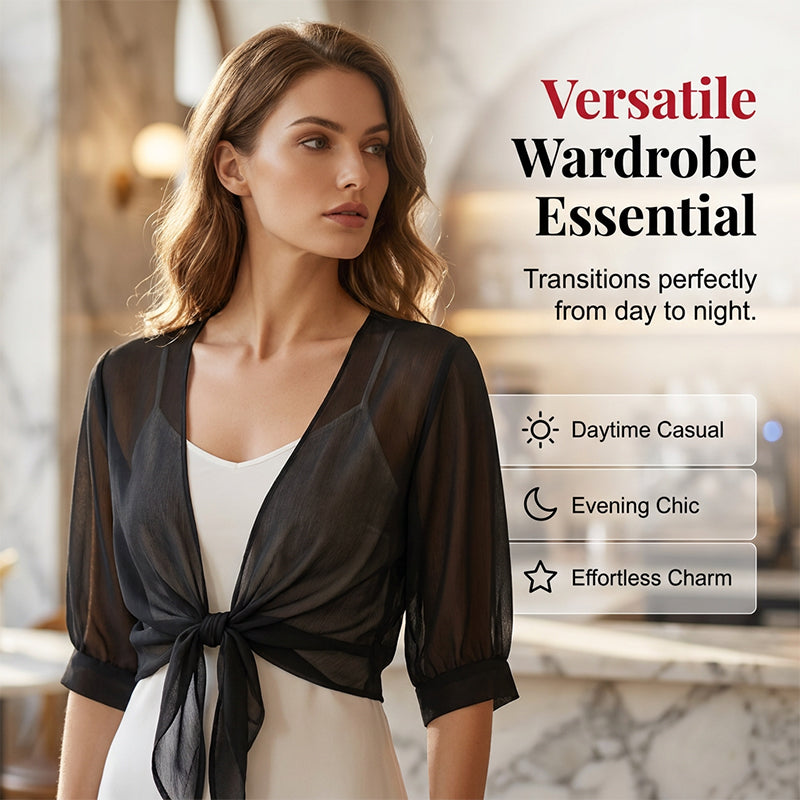 🦋 LIMITED-TIME 50% OFF! ✨ Women's Chiffon Tie-Front Top – Sheer, Cropped, Elegant 🍃