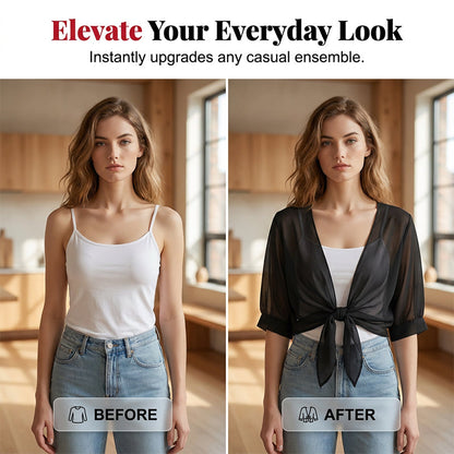 🦋 LIMITED-TIME 50% OFF! ✨ Women's Chiffon Tie-Front Top – Sheer, Cropped, Elegant 🍃