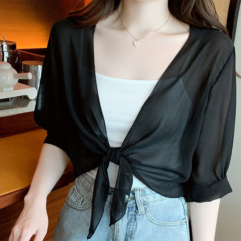 🦋 LIMITED-TIME 50% OFF! ✨ Women's Chiffon Tie-Front Top – Sheer, Cropped, Elegant 🍃