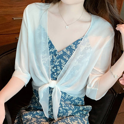 🦋 LIMITED-TIME 50% OFF! ✨ Women's Chiffon Tie-Front Top – Sheer, Cropped, Elegant 🍃