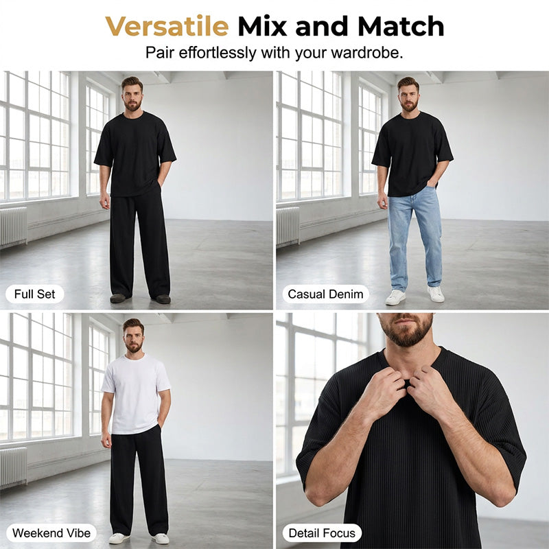 🏀 LIMITED-TIME 50% OFF! ✨ Men's Pleated Tracksuit – Ribbed, Wrinkle-Resistant, Lounge Set 🍂