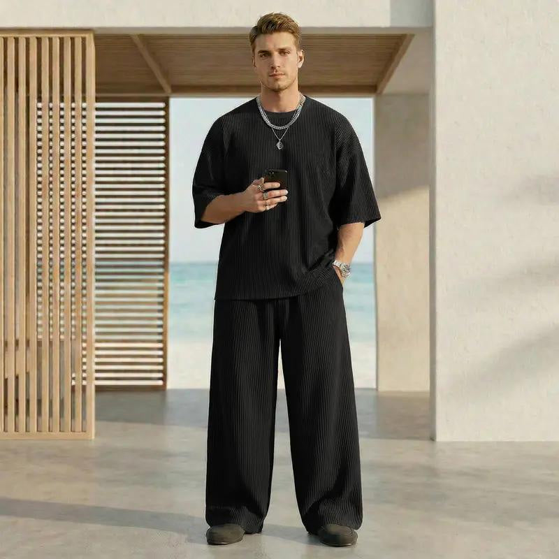 🏀 LIMITED-TIME 50% OFF! ✨ Men's Pleated Tracksuit – Ribbed, Wrinkle-Resistant, Lounge Set 🍂