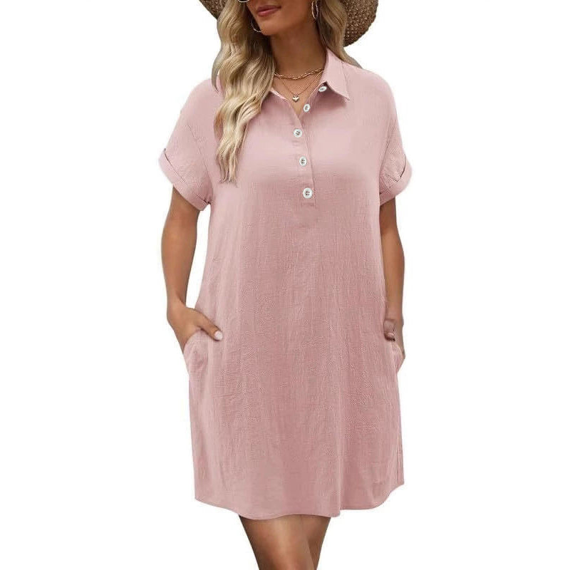 Casual Short Sleeve Dress – Button Front, Pockets & Breezy Fit – Lightweight, Breathable & Perfect for Summer Days ☀️