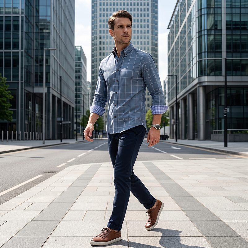 ✨Men's Modern Fit Windowpane Shirt – Contrast Details, Button-Down, Premium Blend 🍁