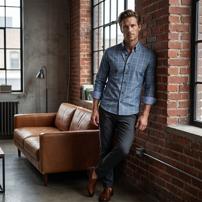 ✨Men's Modern Fit Windowpane Shirt – Contrast Details, Button-Down, Premium Blend 🍁