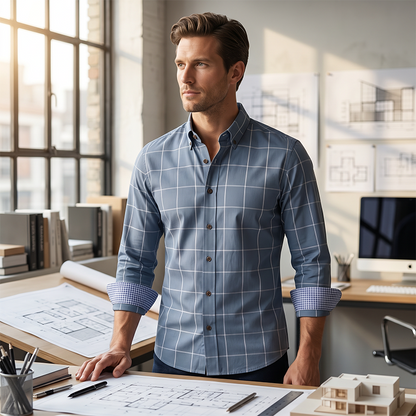✨Men's Modern Fit Windowpane Shirt – Contrast Details, Button-Down, Premium Blend 🍁