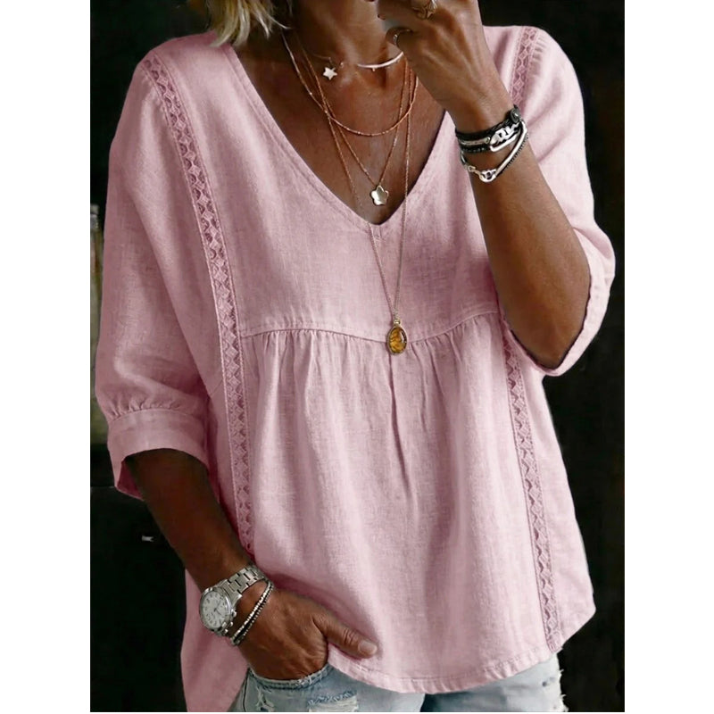 Women’s Lace-Trim V-Neck Top – Bohemian Charm, Empire Waist, 3/4 Sleeves 🌼
