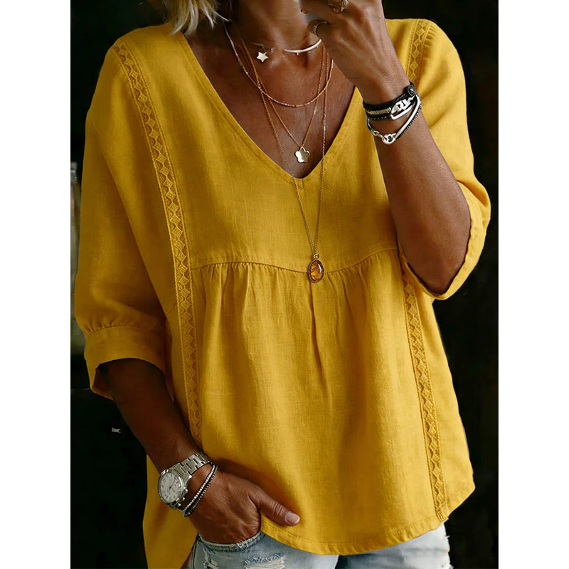 Women’s Lace-Trim V-Neck Top – Bohemian Charm, Empire Waist, 3/4 Sleeves 🌼