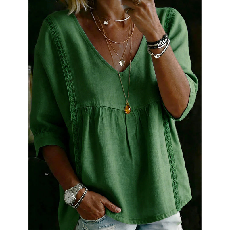 Women’s Lace-Trim V-Neck Top – Bohemian Charm, Empire Waist, 3/4 Sleeves 🌼
